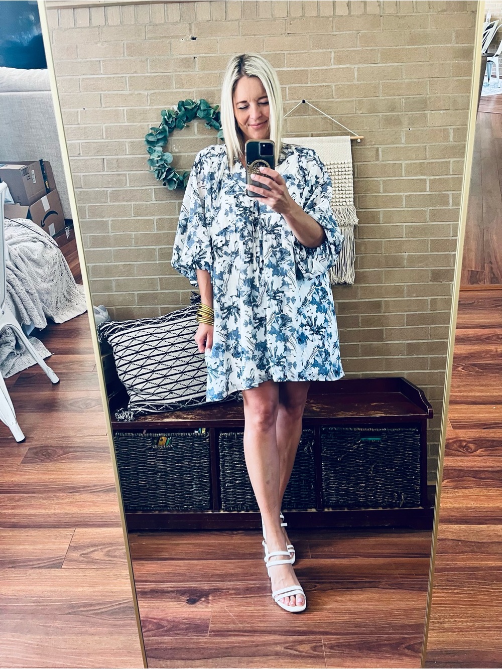 Promesa White Mini Dress with Blue Floral Print